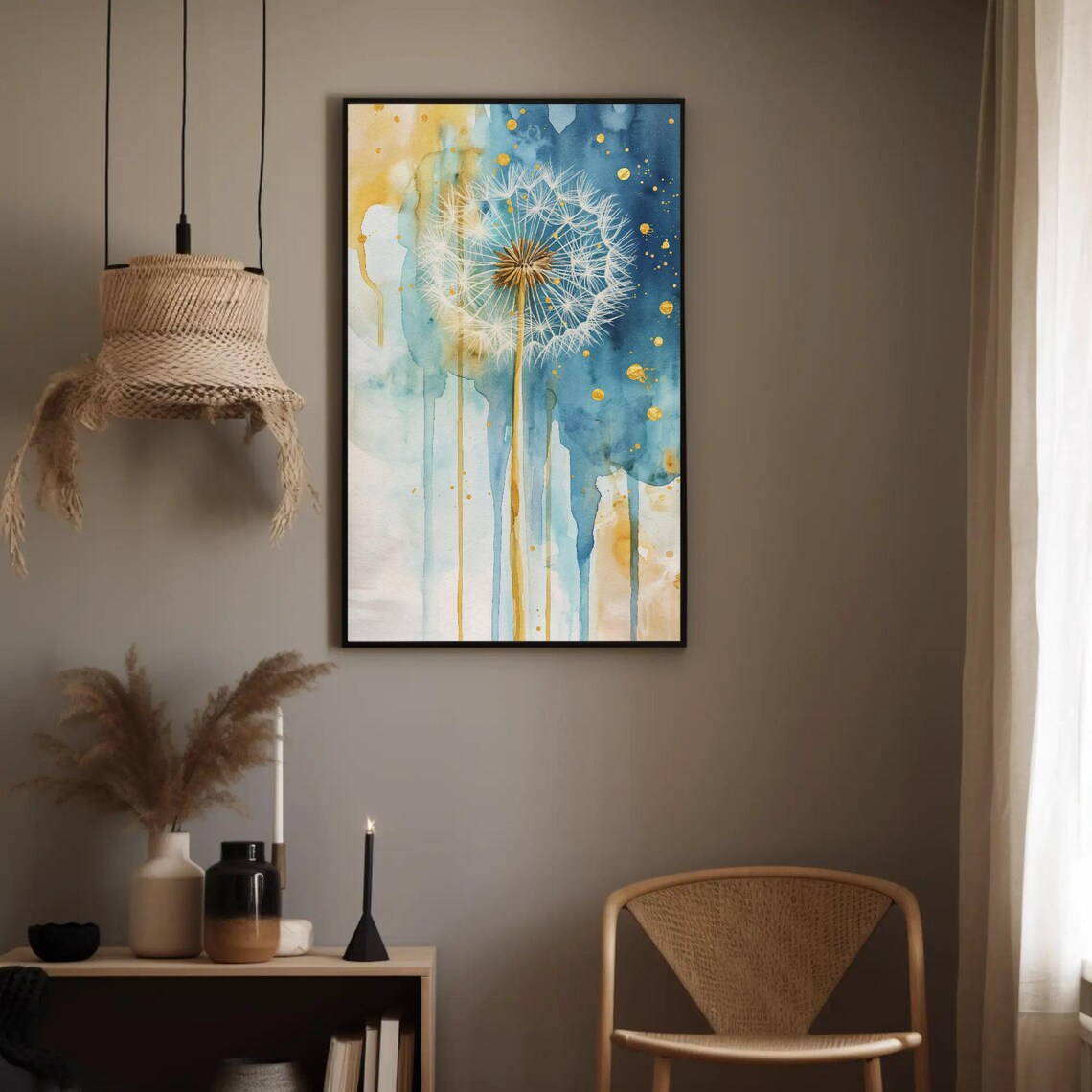 Gold Indigo Dandelion Watercolor Botanical Drip Painting Poster - Image 4