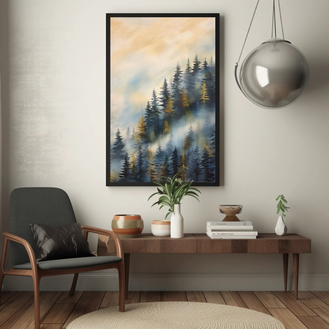 Misty Blue Pine Forest Mountain Fog Modern Abstract Art Poster - Image 5