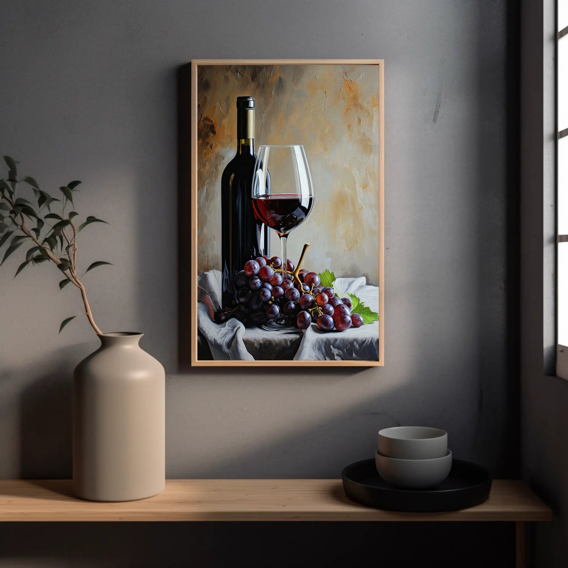 Red Wine Bottle Glass Grapes Classic Still Life Painting Poster - Image 3