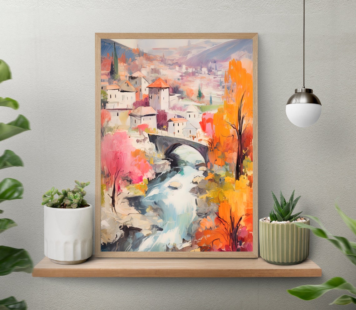 Mostar Bosnia Old Bridge Autumn River Landscape Scene Poster - Image 5