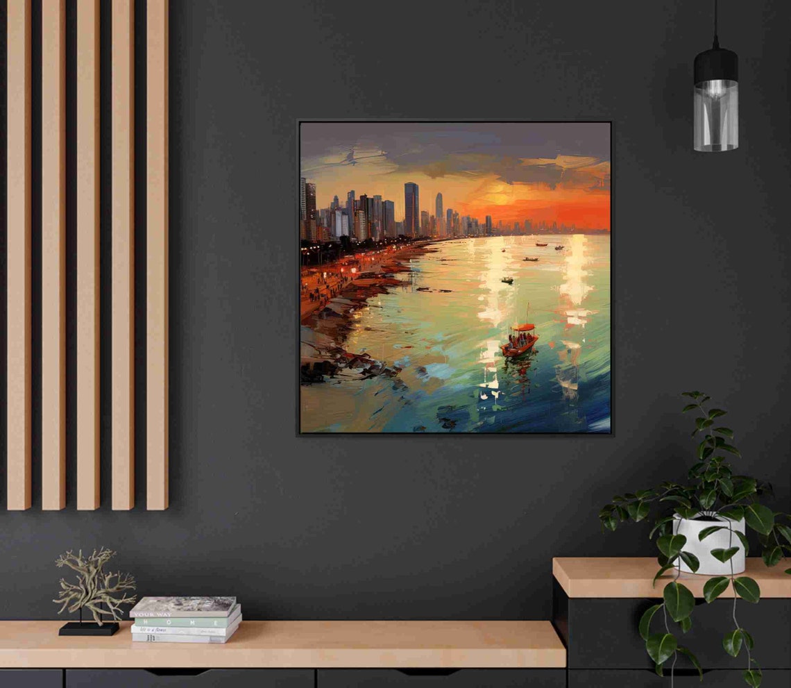 Mumbai Juhu Beach Sunset City Skyline Boats on Water Art Poster - Image 2