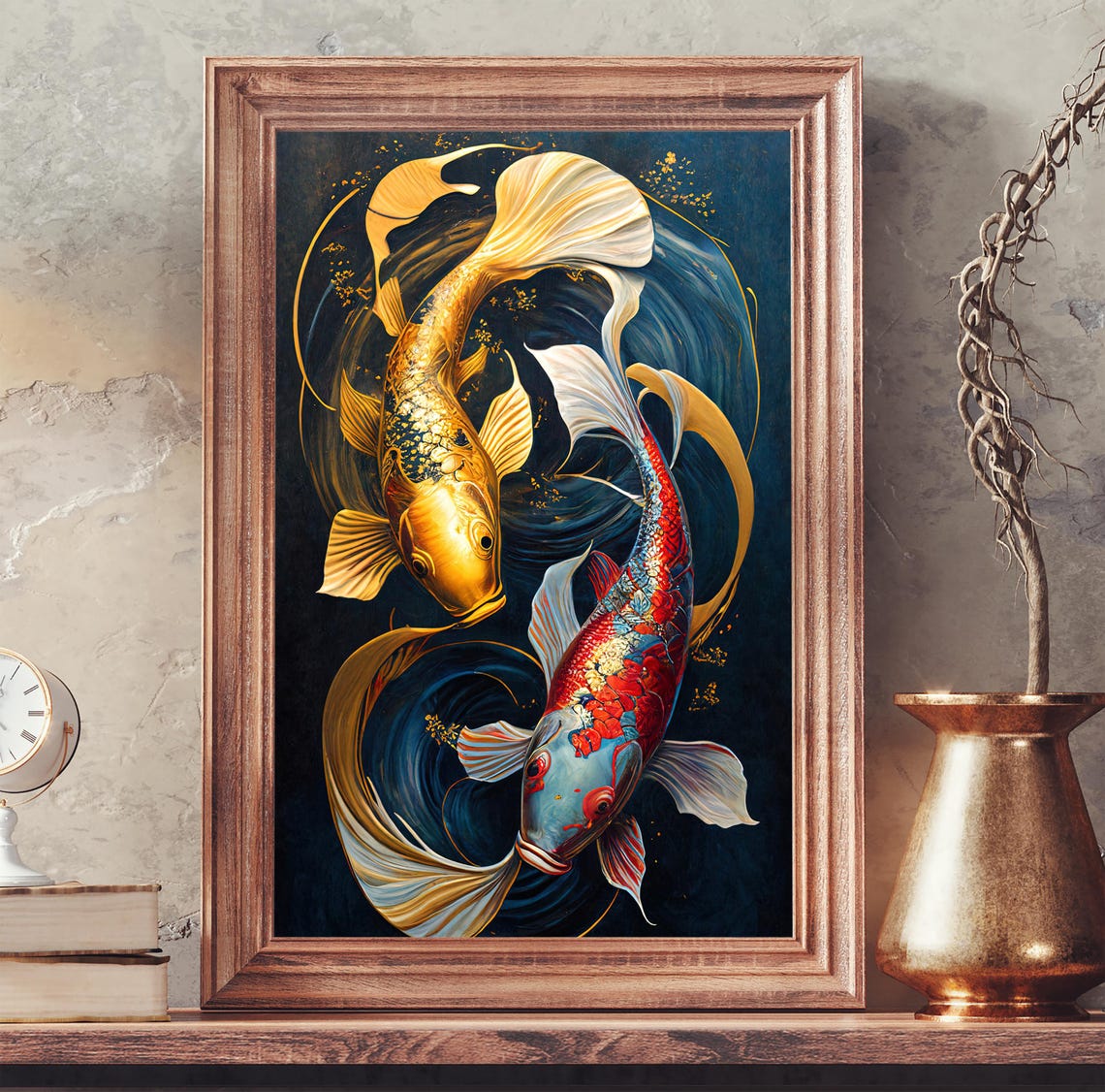 Golden And Red Koi Fish Pair Swirling On Dark Blue Modern Art Poster - Image 4