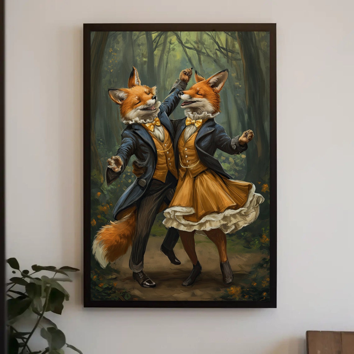 Dancing Fox Couple Vintage Costumes Misty Forest Whimsical Print