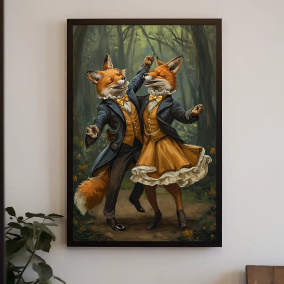 Couple Wall Art Foxes Dancing In Forest Print Romantic Couple Wall Decor Bedroom Wall Art Nursery Art Ready To Hang