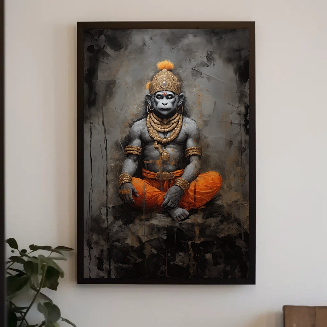 Lord Hanuman Meditating Hindu Deity Grey Gold Spiritual Poster