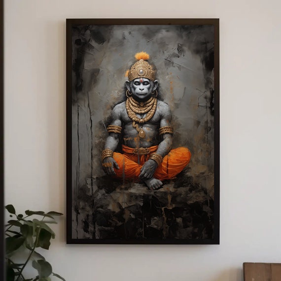 Lord Hanuman Meditating Wall Art Bajrangabali Large Decor Hindu Wall Art Spiritual Decor Yoga Wall Art Meditation Spiritual Wall Art