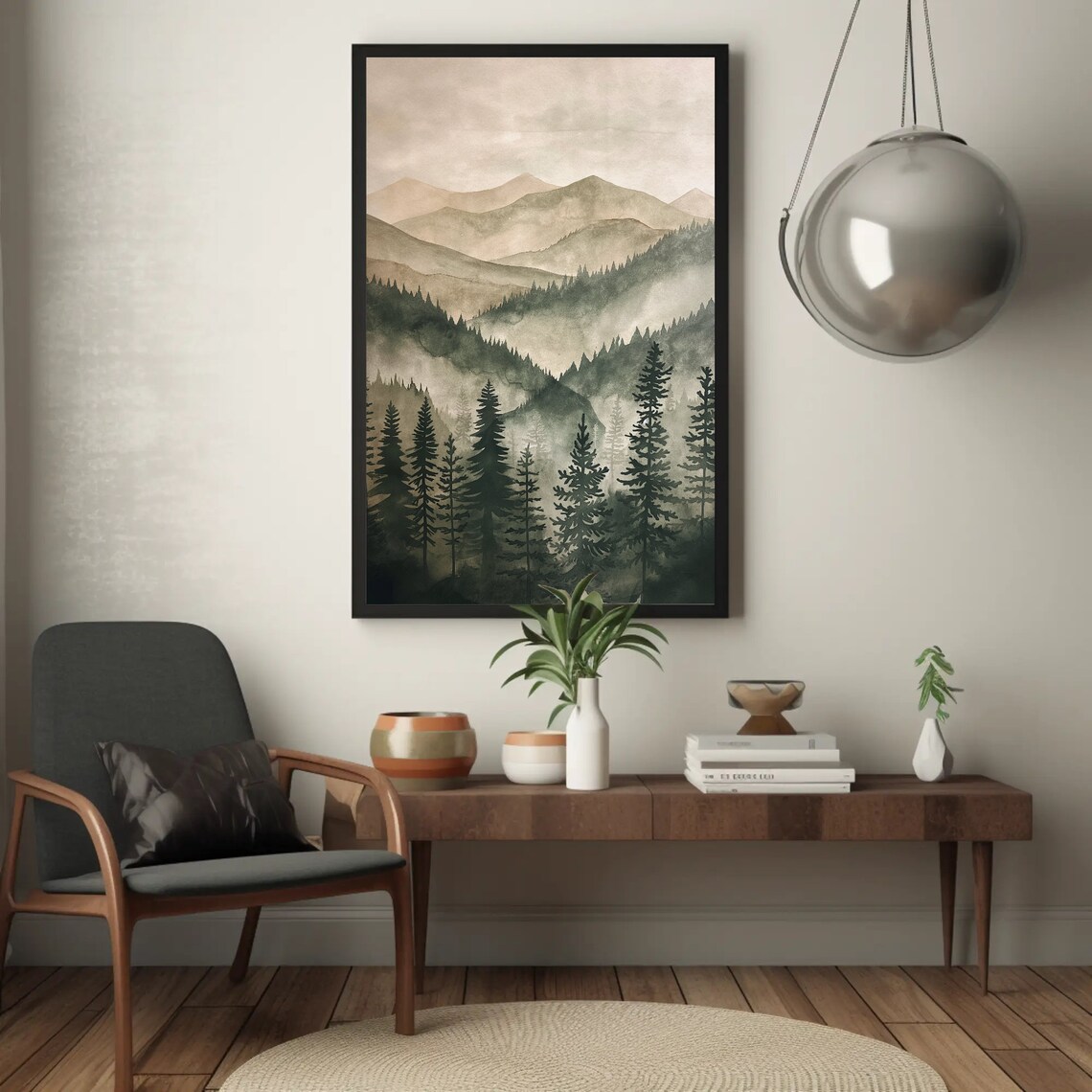 Misty Mountain Layers And Pine Forest Muted Watercolor Poster - Image 4