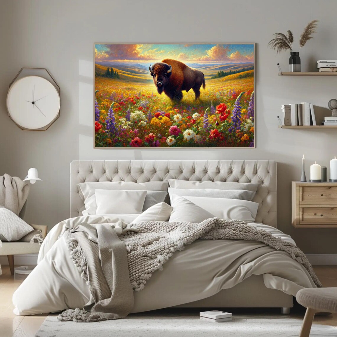Bison Standing in a Sunlit Field of Colorful Wildflowers Poster - Image 2