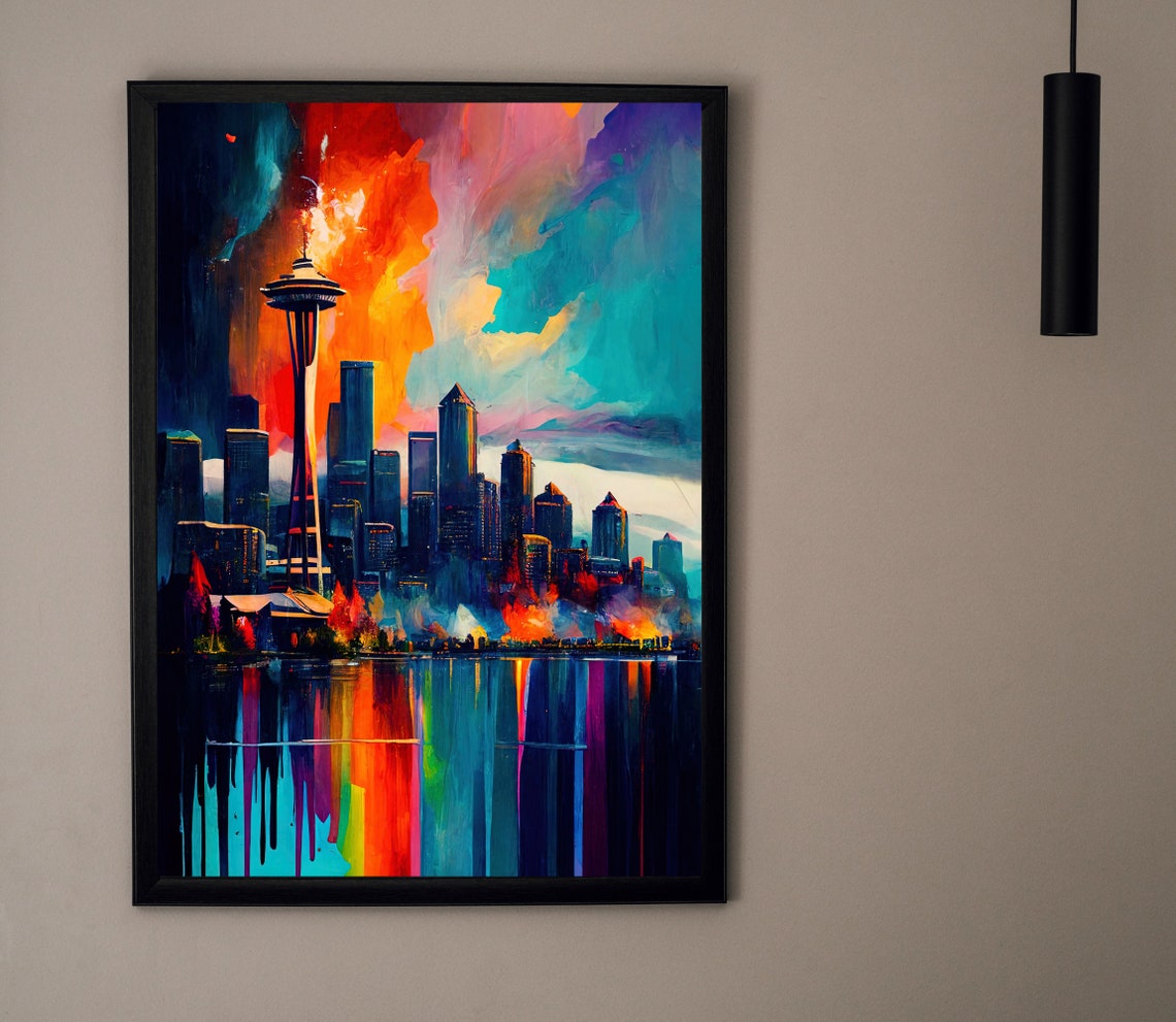 Seattle Space Needle Skyline Colorful Night Sky Scene Poster - Image 4