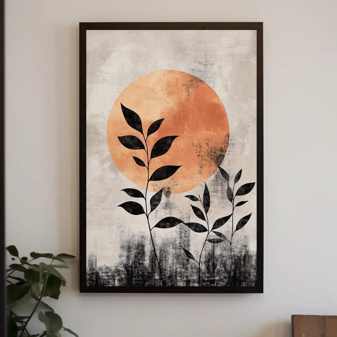 Mid Century Modern Orange Sun And Black Leaves Abstract Art Poster