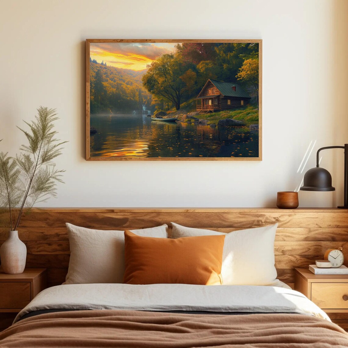 Serene Log Cabin By The Lake At Sunset Autumn Landscape Art Poster - Image 5