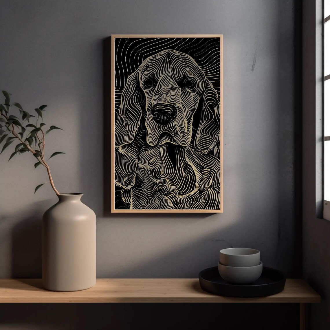 Gold Line Art Long Eared Dog Portrait Poster on Black Background - Image 2