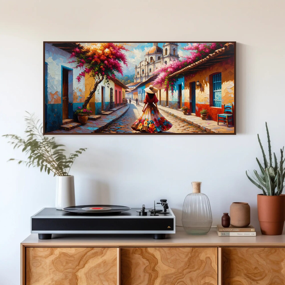 Colorful Mexican Street Cathedral Bougainvillea Town Scene Poster - Image 3