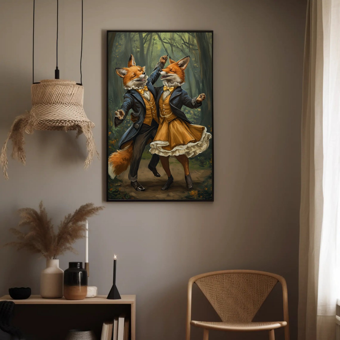 Dancing Fox Couple Vintage Costumes Misty Forest Whimsical Print - Image 3