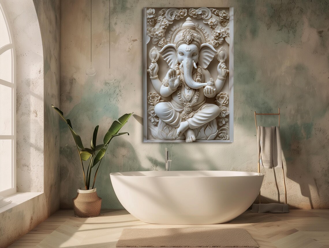 White Ganesha Sculpture Relief Sacred Spiritual Hindu Deity Poster - Image 4