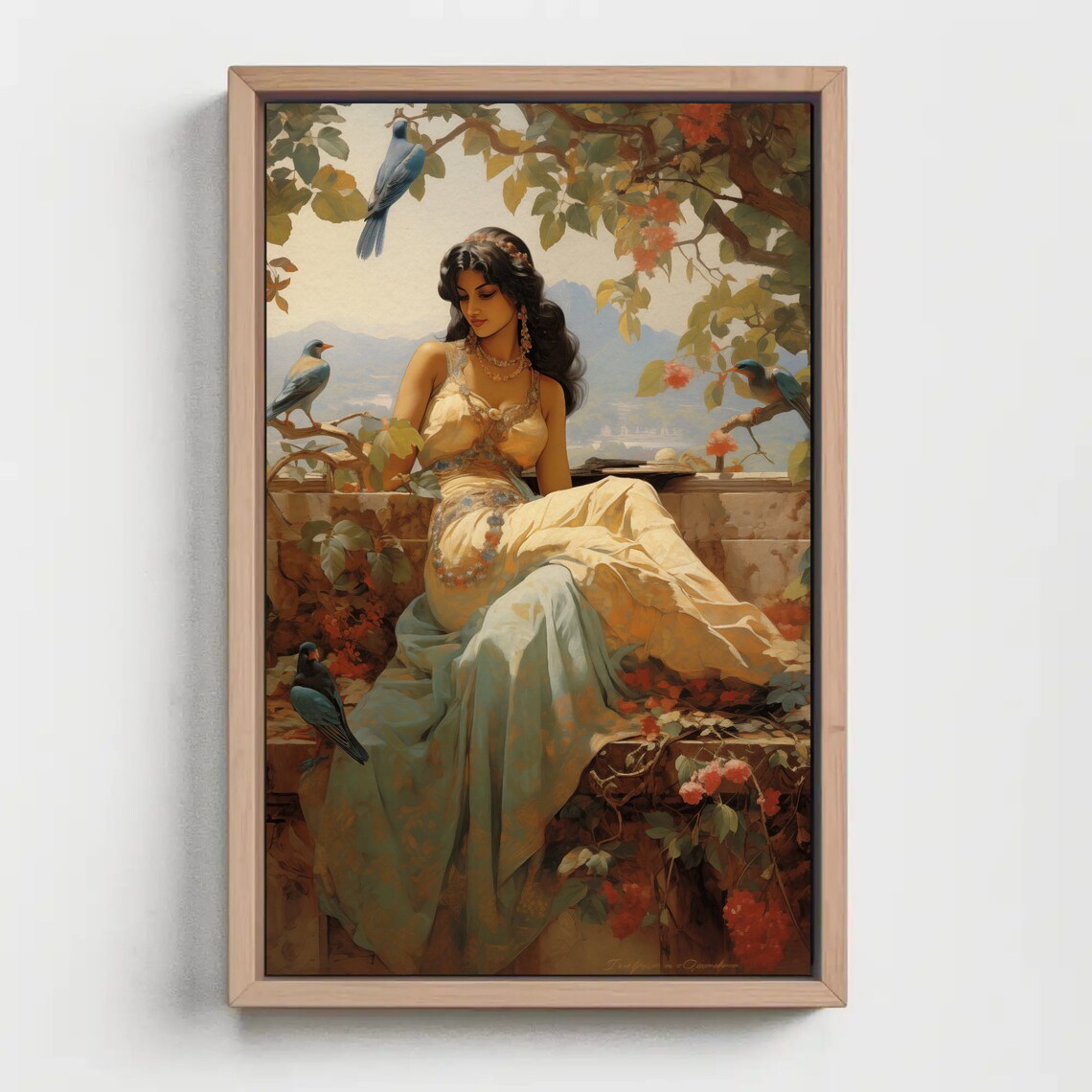 Indian Woman in Garden with Blue Birds and Red Flowers Poster - Image 4