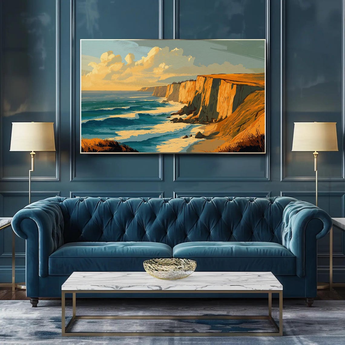 Golden Cliffs Dramatic Coastline Teal Ocean Waves Painting Poster - Image 3