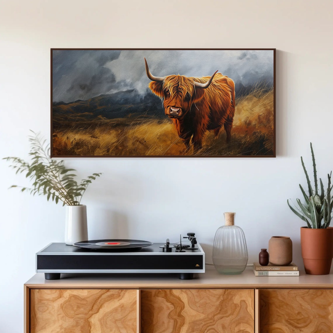Highland Cow in Misty Field Moody Rustic Farm Painting Poster - Image 3