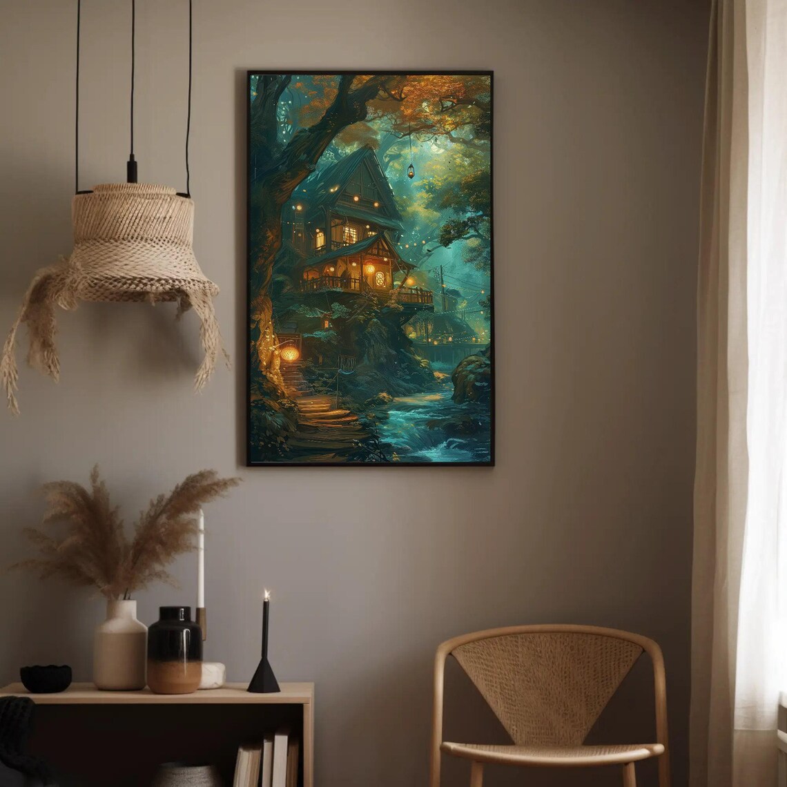 Magical Lantern-Lit Forest House at Night Fantasy Painting Poster - Image 2
