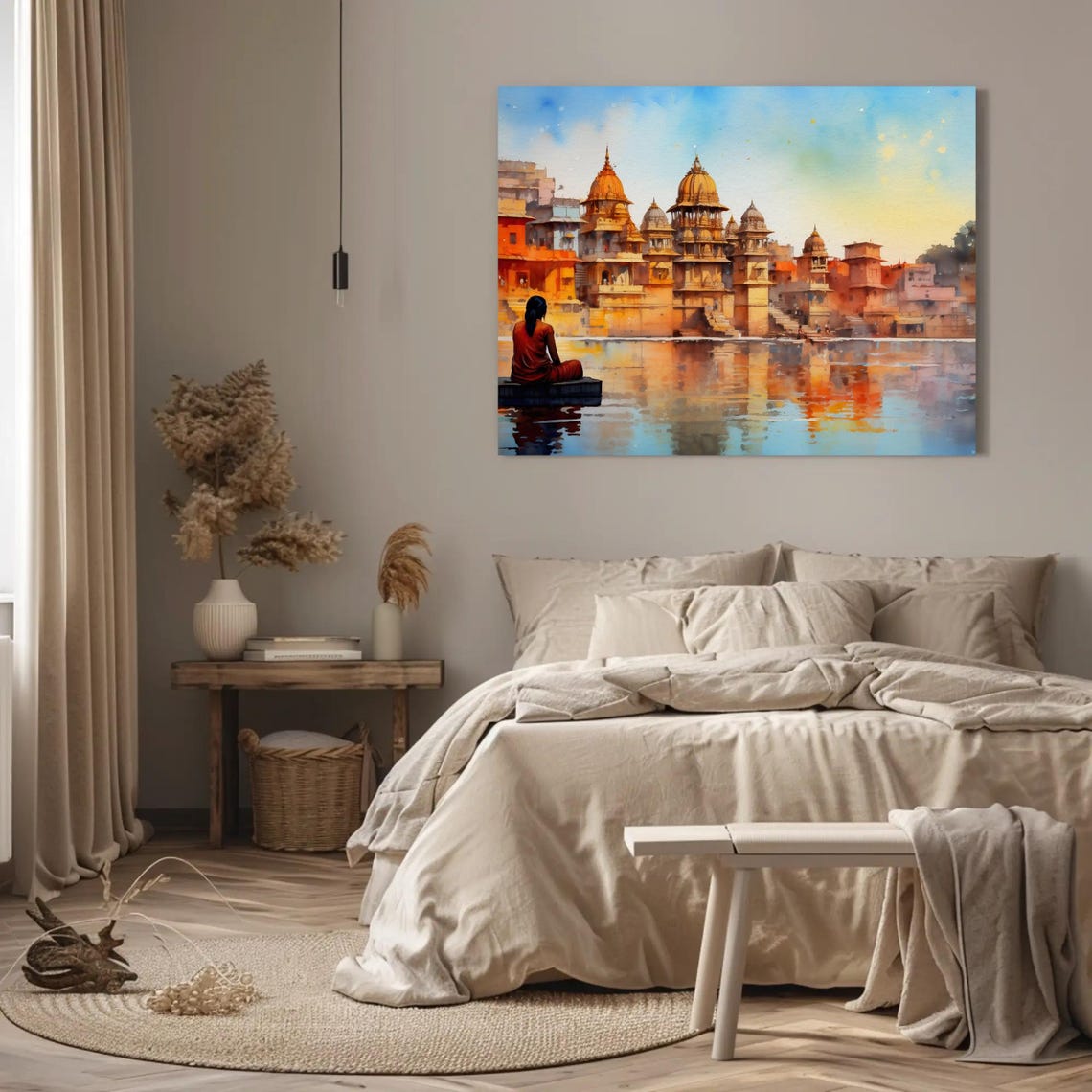 Indian Riverside Temples at Sunrise With Seated Devotee Poster - Image 4