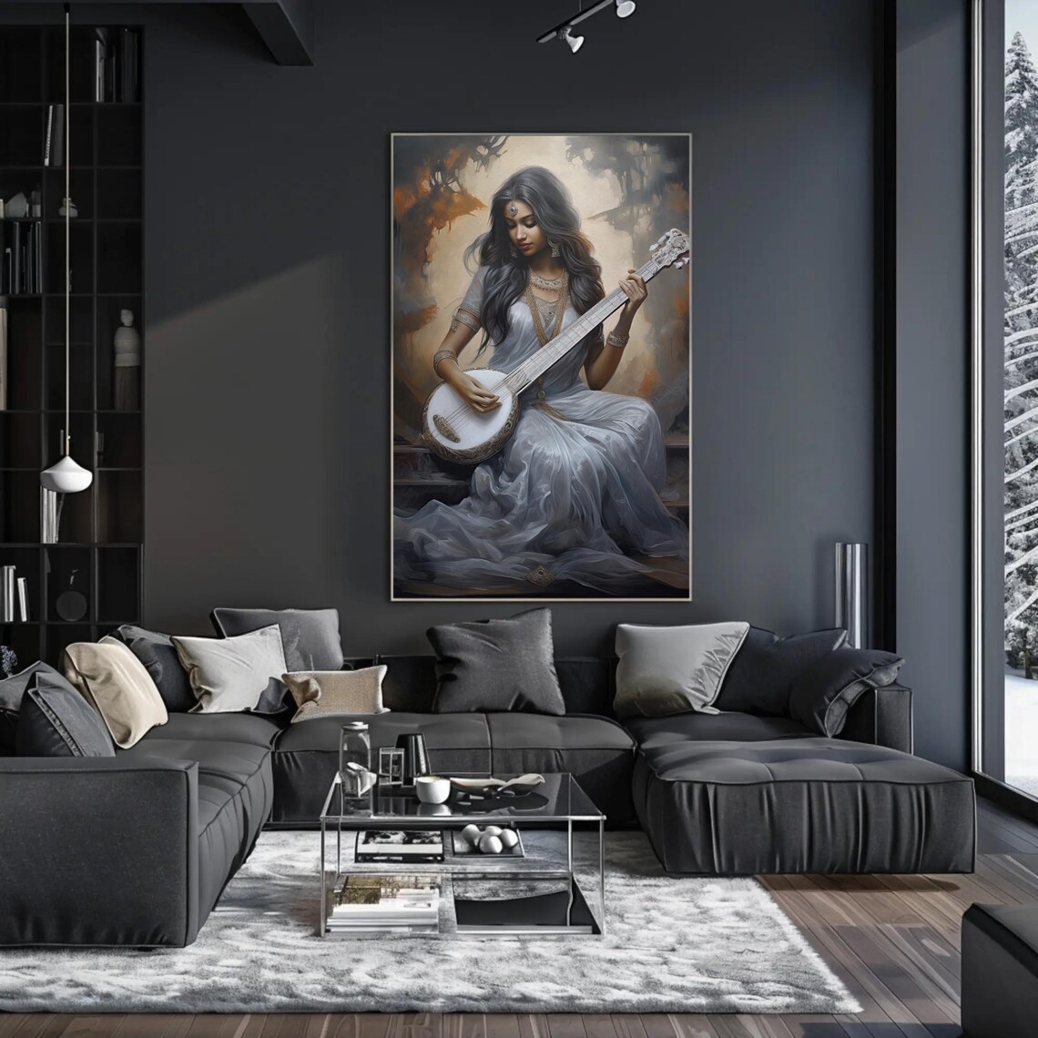 Indian Woman Playing Sitar Poster in Flowing White Dress Golden Light - Image 2