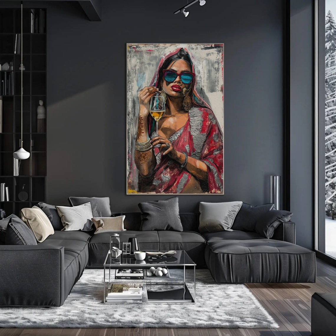 Brown Girl In Saree With Sunglasses And Wine Print Abstract Painting Modern Indian Wall Art Desi Art South Asian Print Girl Room - Image 4