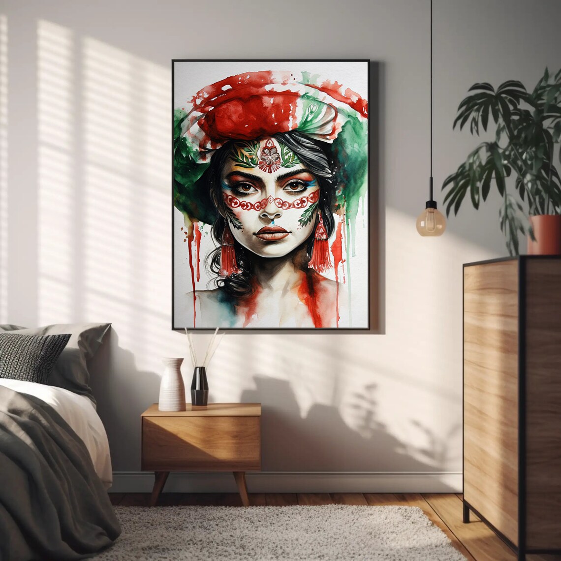 Mexican Woman Watercolor Portrait in Red Green Flag Art Poster - Image 3