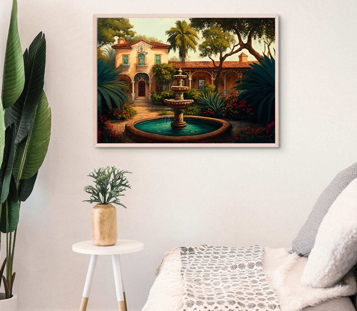 Elegant Mexican Hacienda Courtyard With Fountain And Palm Trees Poster - Image 4