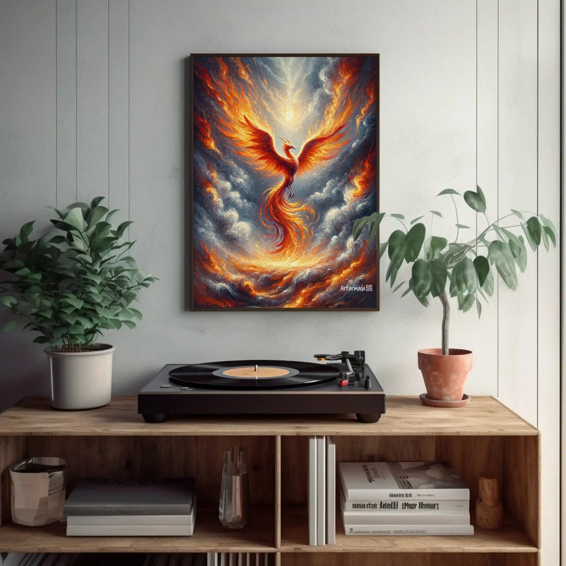 Flaming Phoenix Rising Through Storm Clouds Fantasy Art Poster - Image 4