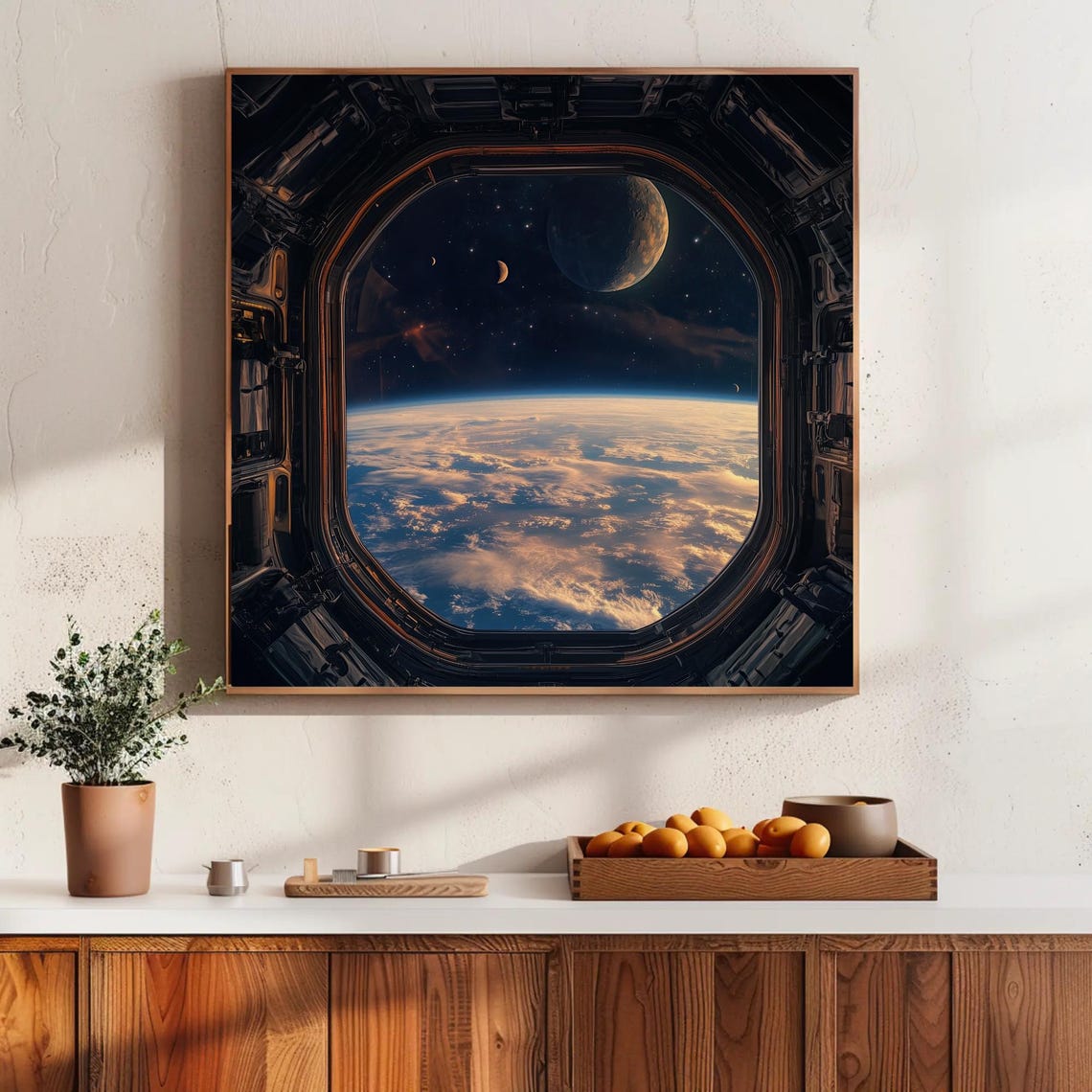 Space Station Window Earth Moon Cosmic View Futuristic Sci Fi Wall Art - Image 2