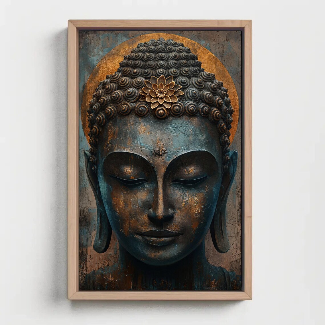 Bronze Buddha Head With Golden Halo Lotus Spiritual Wall Poster - Image 3