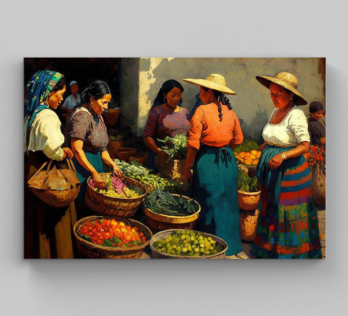 Mexican Market Women Fresh Vegetable Baskets Market Scene Poster