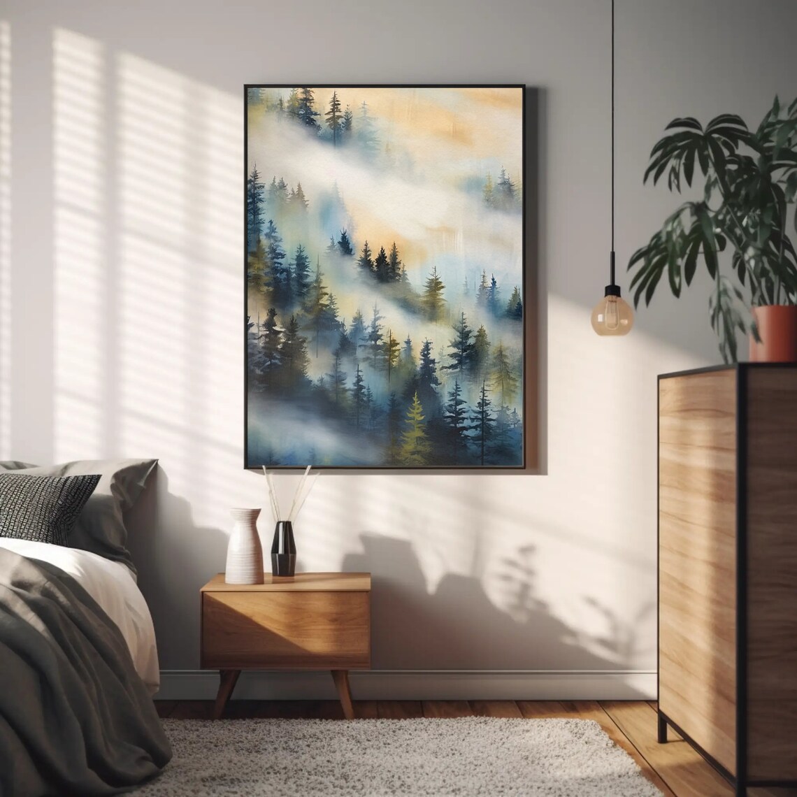 Misty Evergreen Forest Watercolor Foggy Morning Scene Poster - Image 4