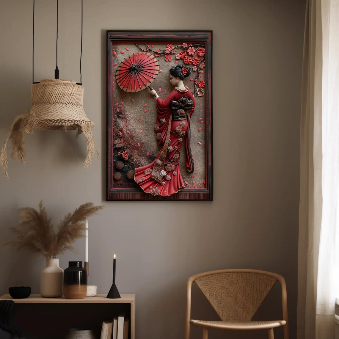 Japanese Geisha In Red Kimono With Umbrella 3D Clay Art Poster - Image 3