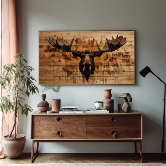 Moose Head On Rustic Wood Plank Lodge Cabin Decor Wall Poster