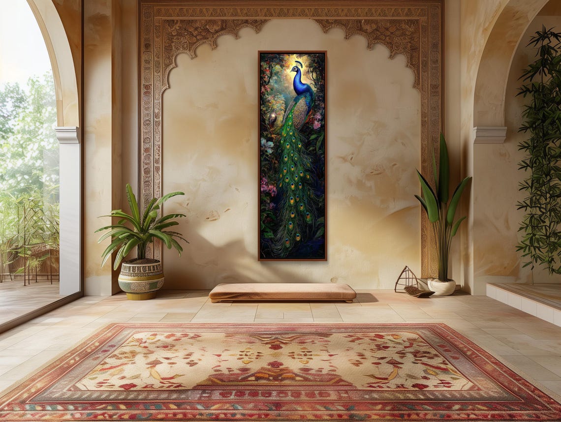 Majestic Peacock Displaying Tail In Tropical Jungle Oil Poster - Image 5