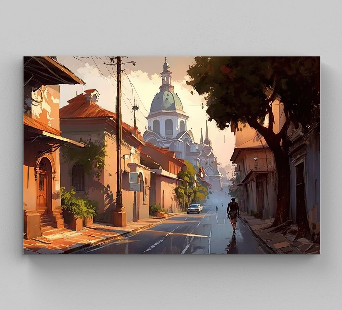 Latin American Colonial Street With Domed Cathedral at Sunset Poster