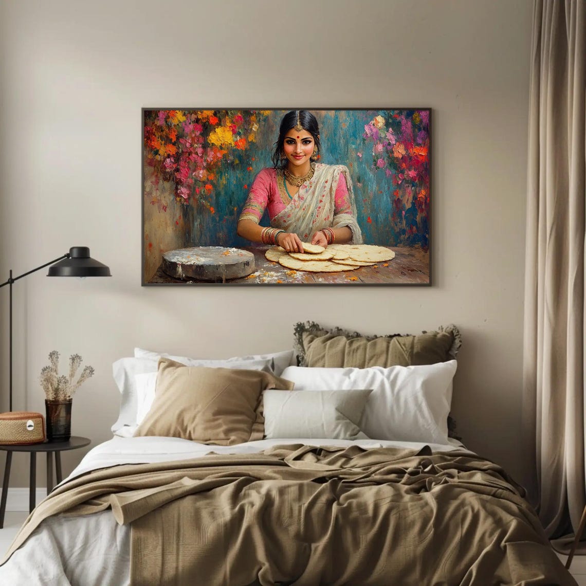 Indian Woman Rolling Roti Colorful Traditional Kitchen Art Poster - Image 3