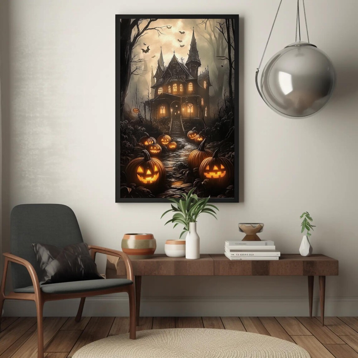 Haunted House Jack O Lantern Path Circling Bats Spooky Halloween Poster - Image 3