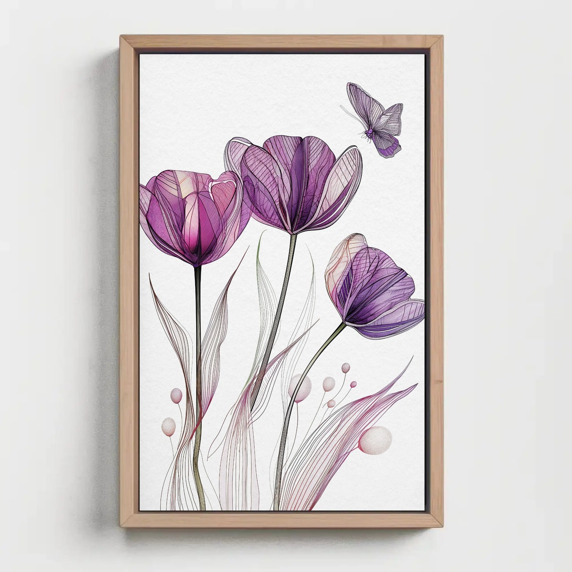 Purple Tulips Line Art With Butterfly Minimalist Floral Poster - Image 4