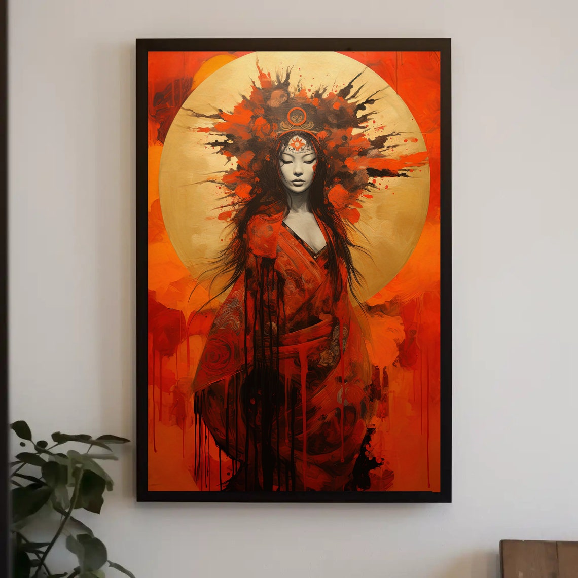 Amaterasu Japanese Sun Goddess Red Kimono Golden Radiance Wall Art