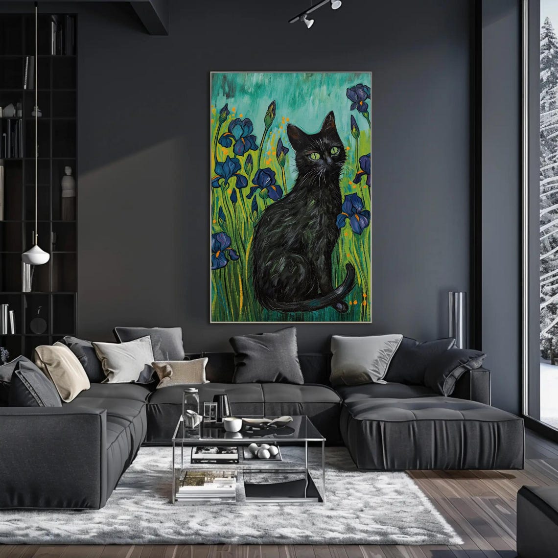 Black Cat Sitting Among Purple Irises Van Gogh Style Cute Pet Poster - Image 2