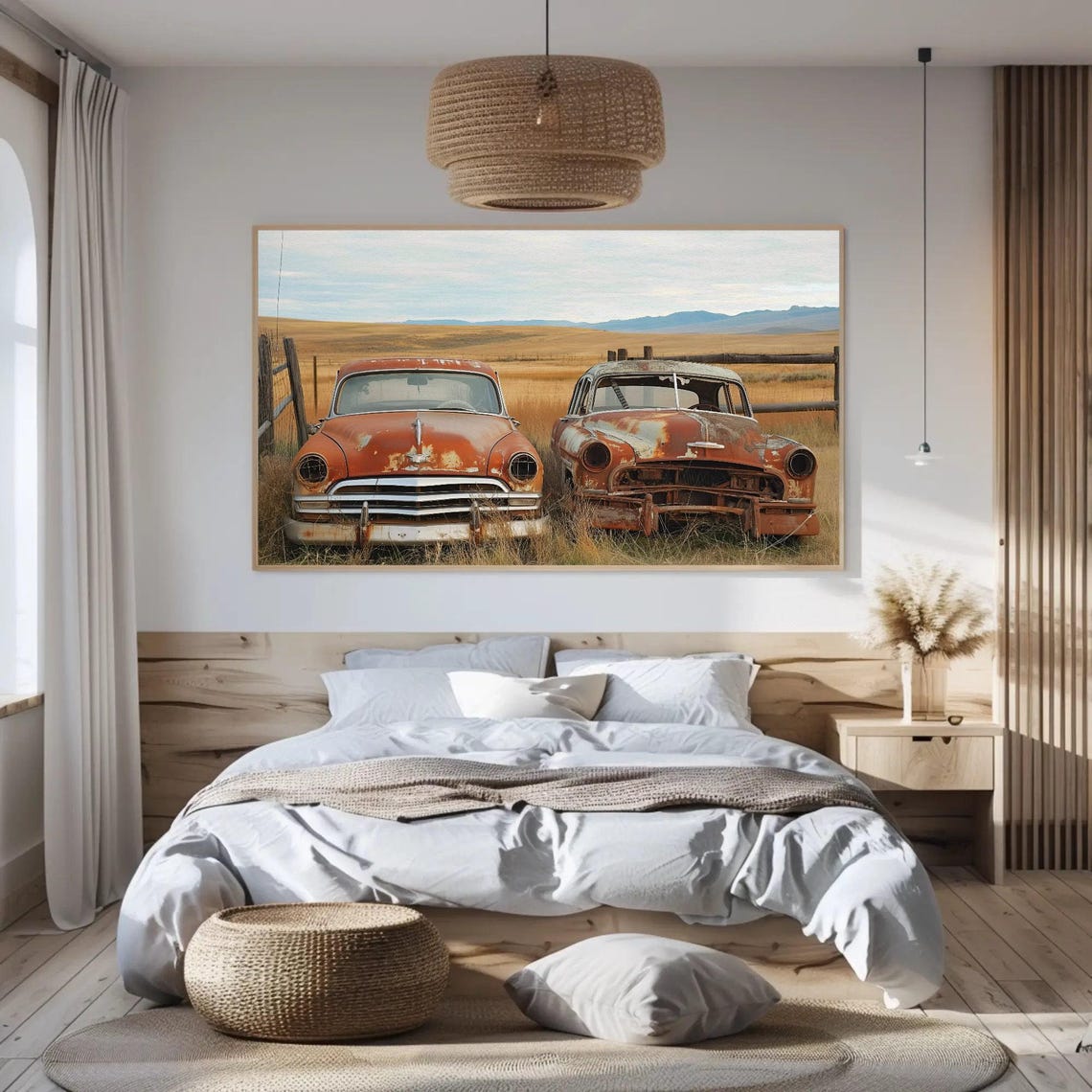 Two Rusty Vintage Sedans In Golden Field Classic Automotive Poster - Image 3