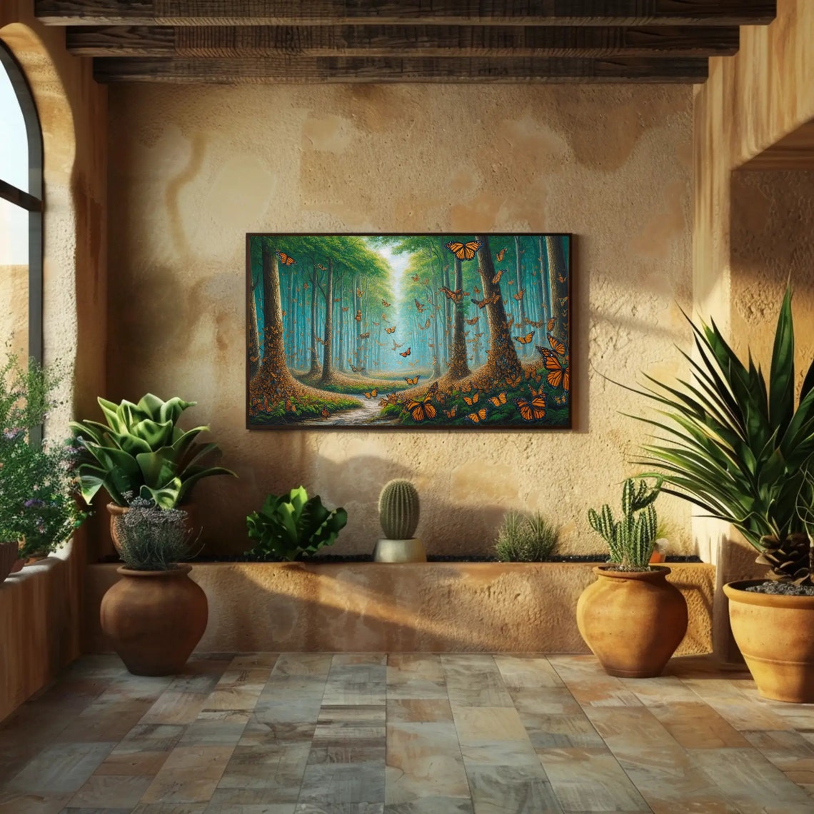 Monarch Butterflies Filling a Sunlit Green Forest Sanctuary Poster - Image 4