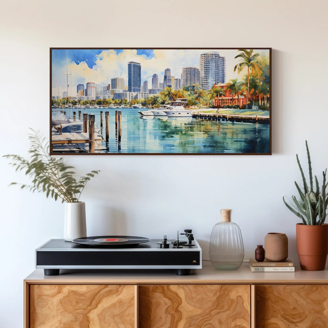 Miami Marina Waterfront with Skyline and Yachts Watercolor Poster - Image 5