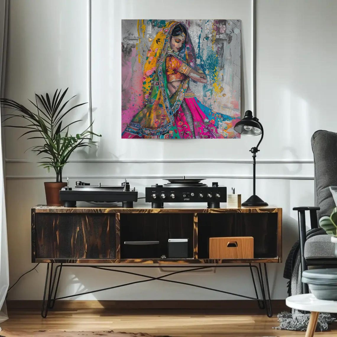 Indian Woman Vibrant Colorful Sari Expressive Square Abstract Poster - Image 5