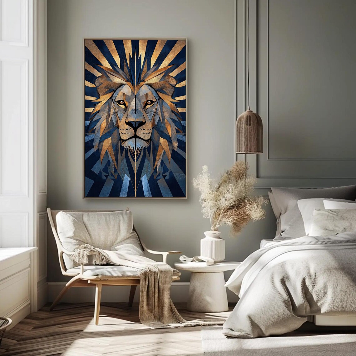 Geometric Lion Portrait in Navy and Gold Art Deco Style Poster - Image 3