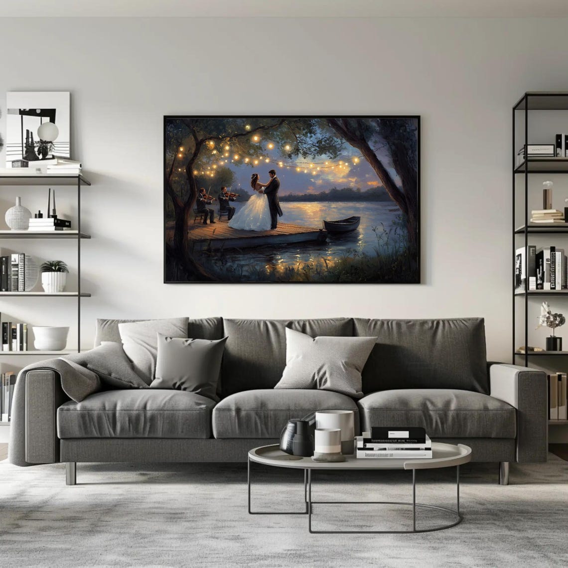 Couple Dancing Under String Lights on a Dock at Twilight Poster - Image 2