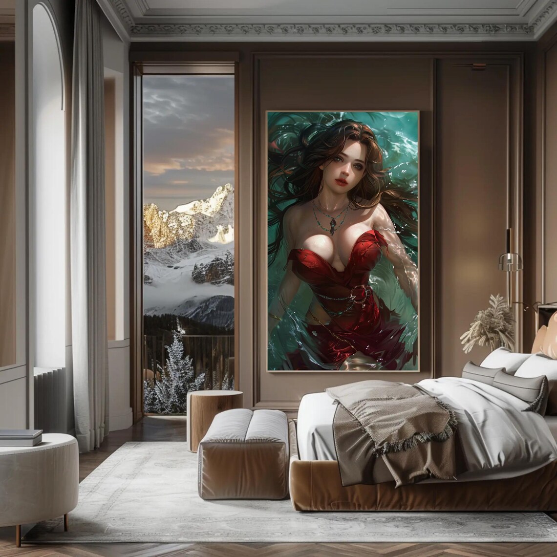 Anime Woman in Red Dress Swimming in Teal Water Fantasy Art Poster - Image 3