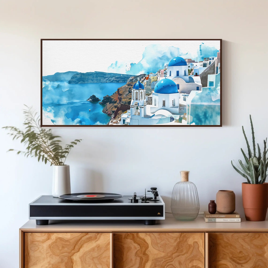 Santorini Blue Domed Churches Caldera View Watercolor Poster - Image 4